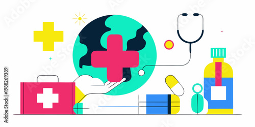 Healthcare symbols including a stethoscope medical bag and plus signs