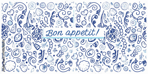 Doodle illustration featuring various foods and the phrase bon app tit