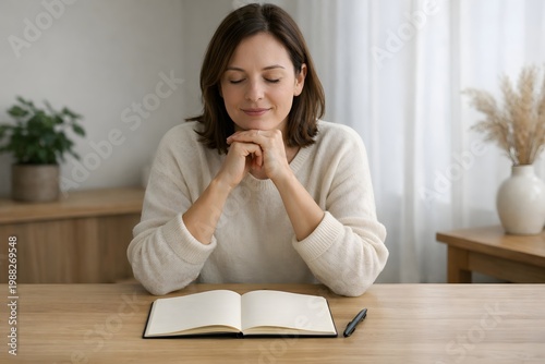 Calm young woman with closed eyes and clasped hands sits at a table near an open notebook