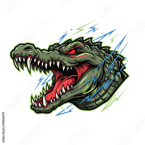 Fierce Alligator Head with Lightning and Water Splashes - Aggressive Reptile Mascot