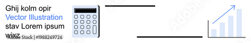 Financial analysis, business growth, data management, performance metrics, accounting tools, investment tracking. A calculator connects with an upward bar chart. Financial analysis and business