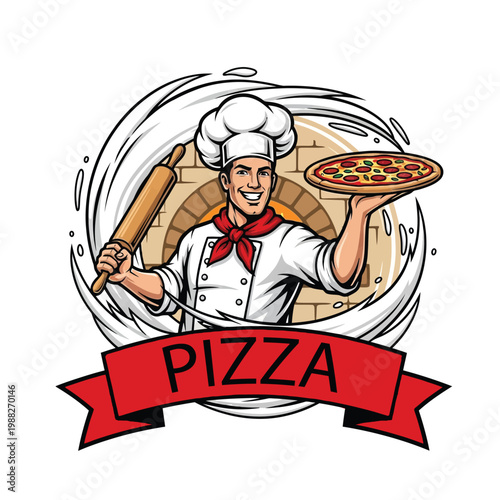 Happy chef with rolling pin holding a delicious pizza, wearing a chef hat and uniform, surrounded by a swirl of steam and a brick oven in the background, with a red ribbon banner that says PIZZA