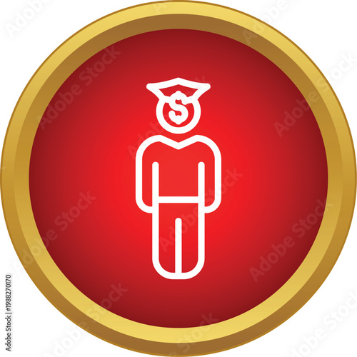 Person icon with a dollar sign for a head and a graduation cap on a red button