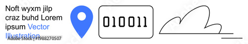 Location services, cloud computing, software development, data analysis, navigation, digital technology. Blue geotag, binary numbers and a cloud drawing. Location services and cloud computing