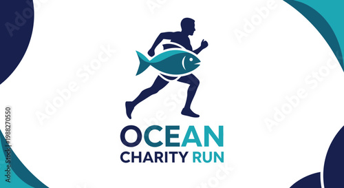 Ocean Charity Run Logo Featuring a Runner Carrying Fish in an Aquatic Theme Design