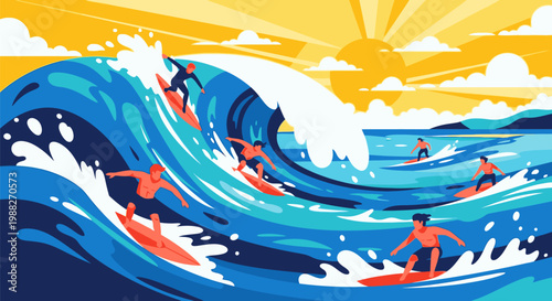 Surfers ride big wave on sunny day at ocean beach with clouds