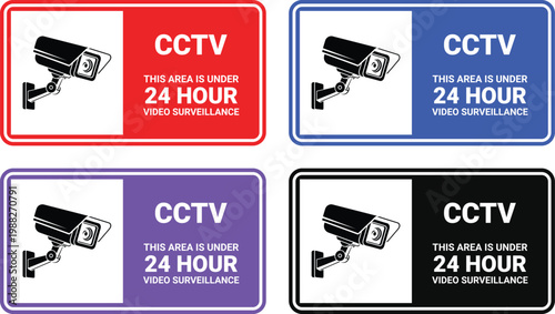 Four cctv surveillance signs in different colors red blue purple and black white