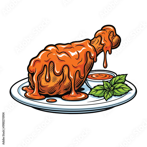 Delicious buffalo chicken wing with dipping sauce and garnish on a plate, a mouth-watering illustration of a classic appetizer