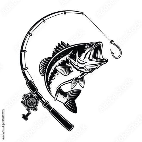 Illustration of a fish jumping from water, caught on a hook from a fishing rod and reel, depicting the thrill of sport angling