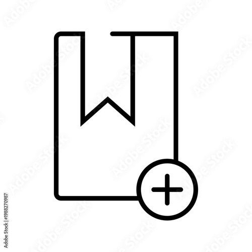 Add book icon. Technology and digital library line symbol. Black and white.