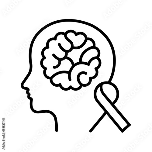 Brain cancer icon. Healthcare and oncology line symbol. Black and white.
