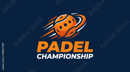 Dynamic Padel Championship Logo With Orange Ball and White Accents On a Dark Navy Background