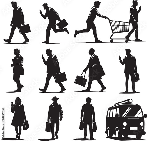 Business people silhouettes set, professional men and women walking with briefcases and shopping carts, urban commuters and city life vector collection
