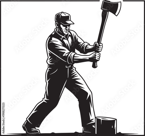 Vintage lumberjack woodcutter vector illustration, muscular man swinging axe at tree stump, retro black and white woodcut style logger character