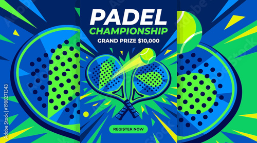 Dynamic Padel Championship Design Featuring Rackets and a Tennis Ball Imagery in a Modern Style