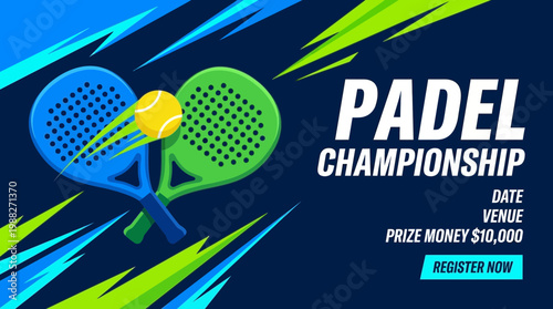 Dynamic Padel Championship Design Featuring Tennis Rackets, Ball and Winning Competition Promotion