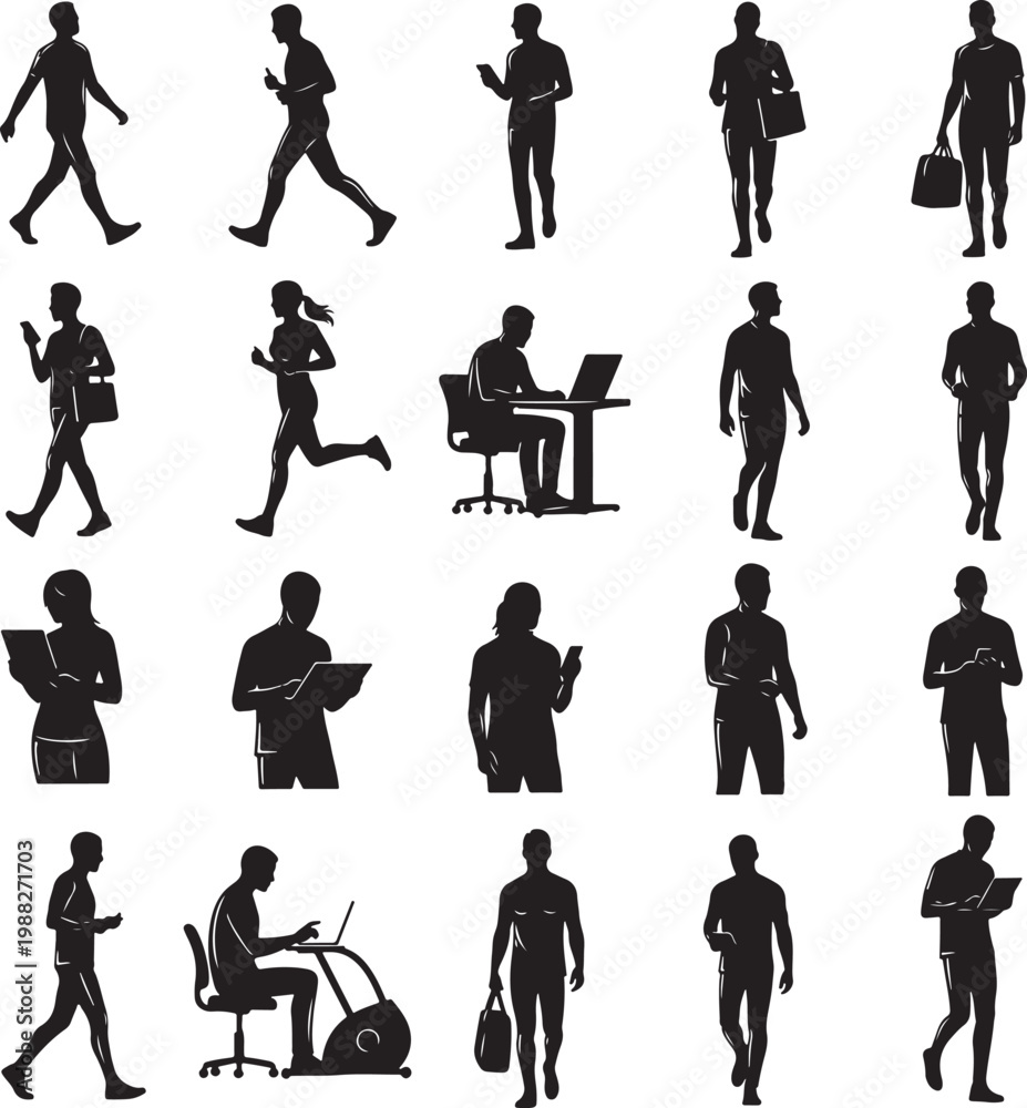 Fototapeta premium Black silhouette people collection, set of 20 human figures in various poses, walking and running men and women icons, business and lifestyle vector silhouettes