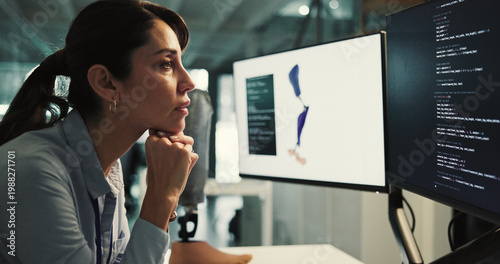 Tableau sur toile Woman, thinking and developer with design for prosthetic leg, programming or 3D printing in lab