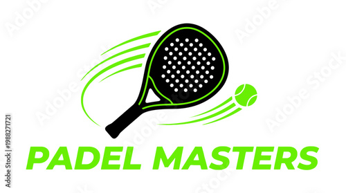 Dynamic Padel Tennis Logo Depicting Sport Equipment With Green Accents And White Background