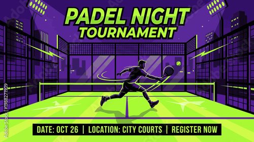 Vibrant Padel Night Tournament Illustration Showcasing Sport Dynamics and Excitement