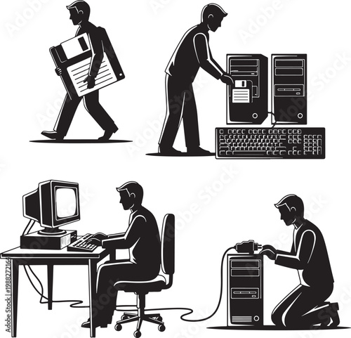 Vintage computer technology vector set, retro IT professional working on workstation, man using floppy disk and desktop PC hardware illustrations
