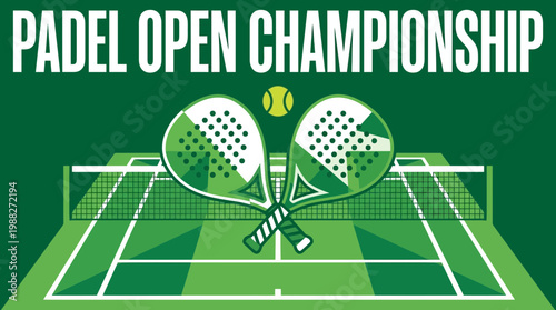 Vibrant Padel Championship Announcement Featuring Crossed Rackets and Tennis Ball Graphic