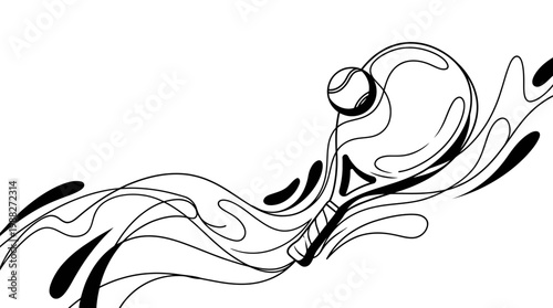 Dynamic Tennis Ball and Racket Illustration in a Contemporary Black and White Style
