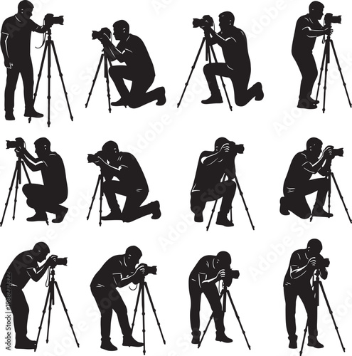 Professional photographer silhouettes set, 12 vector icons of cameramen with tripods, male photography experts in various poses and angles