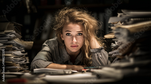 young woman overwhelmed with paperwork, chaotic desk, late night work, tired eyes, photo style