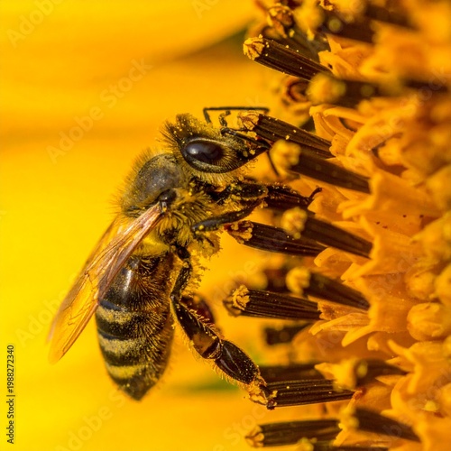 Macro closeup of honey bee collecting nectar on yellow sunflower, covered in golden pollen, ecosystem balance, natural pollination, summer vitality