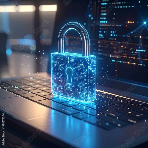 Glowing digital padlock icon on laptop keyboard representing cybersecurity, data protection, network safety, firewall technology, secure encryption, system privacy