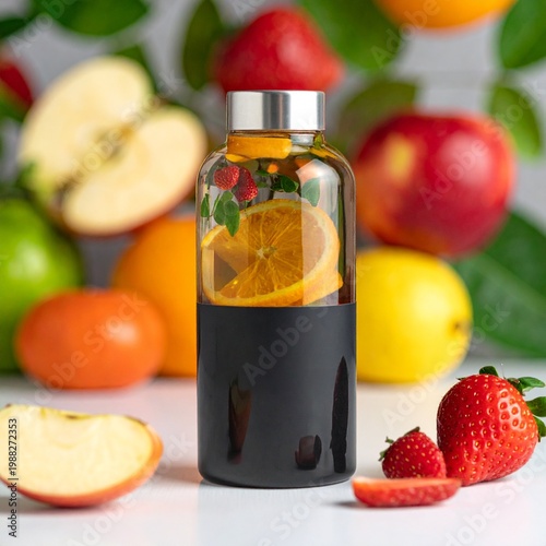 Glass bottle with fruit infused water containing orange slices and strawberries, healthy lifestyle, refreshment and vitamin hydration concept