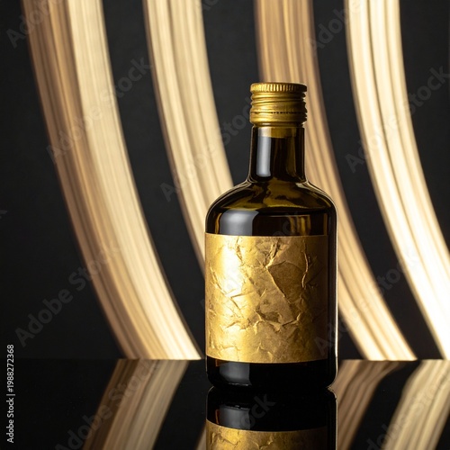 Glass bottle with gold textured label on reflective surface featuring dramatic long exposure gold light streaks in background, luxury branding display