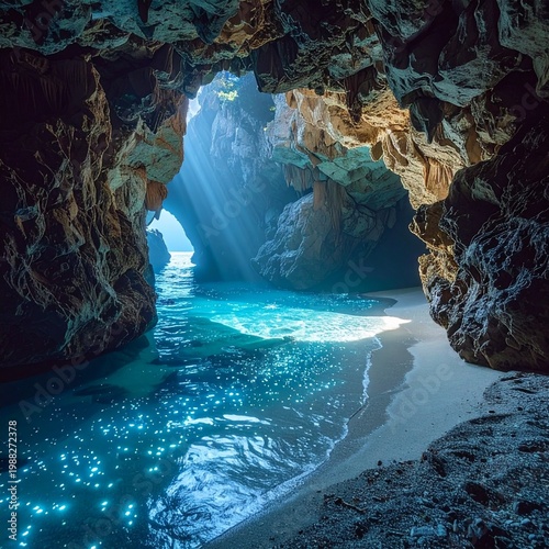 Sunlight beams streaming into dark rocky sea cave with turquoise water and sandy beach, ethereal atmosphere, coastal exploration, adventure travel