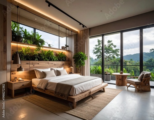 Modern tropical bedroom interior with wooden bed and indoor plants, nature view, cozy luxury apartment design for travel vacation rental inspiration