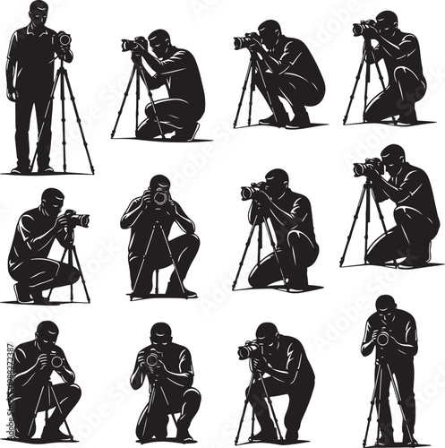 Professional photographer silhouettes set, male videographer with camera on tripod vector, black and white photography icons for media production