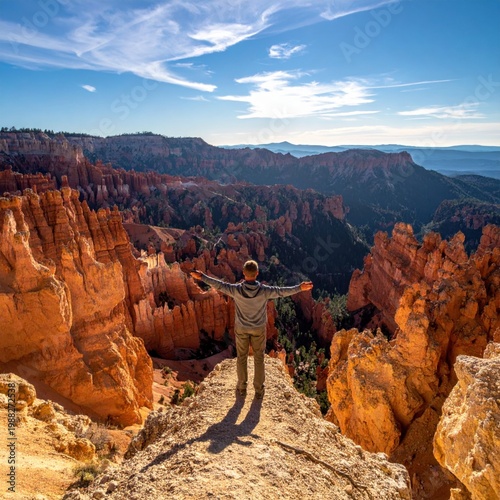 Hiker standing on cliff edge in Bryce Canyon National Park, arms outstretched enjoying panoramic view, travel adventure, freedom and exploration