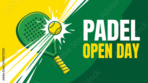 Vibrant Padel Open Day Design Featuring Tennis Ball And Racket Illustration