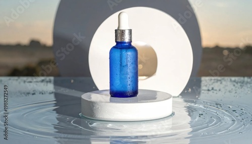 blue glass dropper bottle with cosmetic serum standing on white podium in water, skincare product presentation, hydration, luxury beauty spa advertising