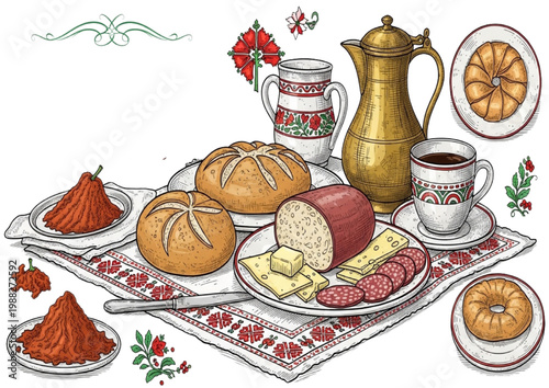 A delicious and traditional breakfast spread featuring bread, cheese, sausage, coffee, and pastries on a folk embroidered cloth