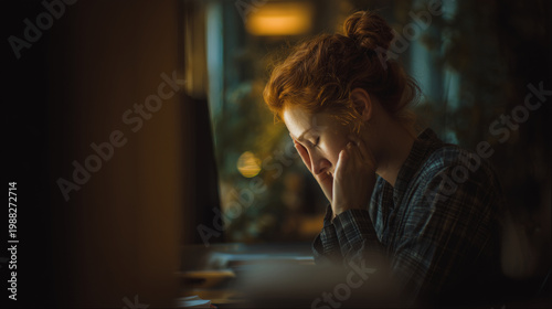 woman crying quietly at desk, emotional burnout, work pressure, photo style