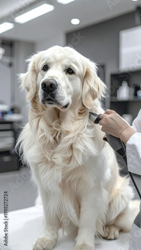 golden retriever dog getting a haircut at veterinary salon, pet grooming session, professional canine care, hygiene, health, maintenance