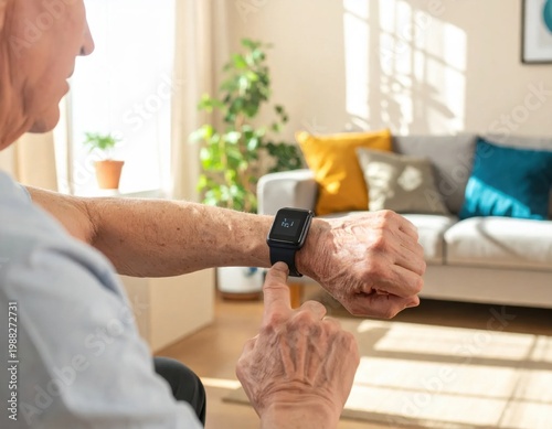senior man checking his smartwatch for health tracking, wellness monitoring at home, digital connectivity for elderly, active lifestyle and medical alert systems