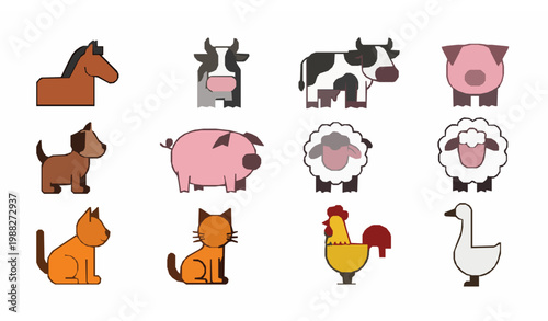 Minimal farm animals icons vector horse cow pig sheep dog cat poultry set