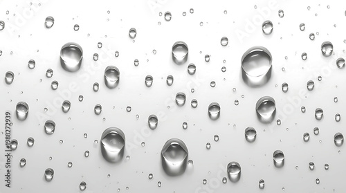 Clear water drops on a clean, reflective surface, macro detail