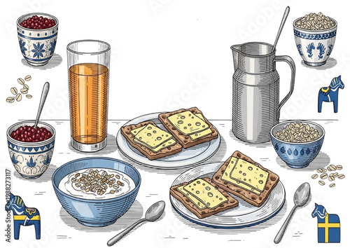 Illustration of a delightful morning meal spread featuring crispbread, yogurt, and fresh juice, perfect for a wholesome start