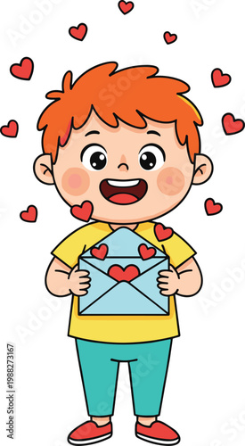 Cartoon vector illustration of child holding love letter showing affection with cute heart design