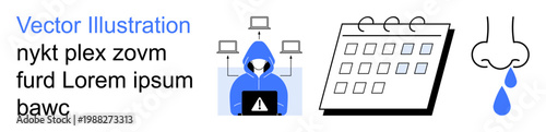 Cybersecurity, health awareness, planning tools, technology threats, medical symptoms, time management. Hooded figure with tech, calendar runny nose. Cybersecurity and health awareness concepts