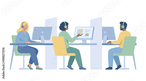 Diverse customer support team working in a modern office with headsets and computers. EPS Editable. Vector Illustrations.