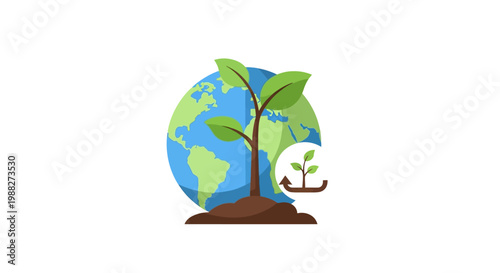 Conceptual illustration of a small plant growing from soil on top of a globe. EPS Editable. Vector Illustrations.